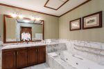 Luxurious master bathroom has a double vanity